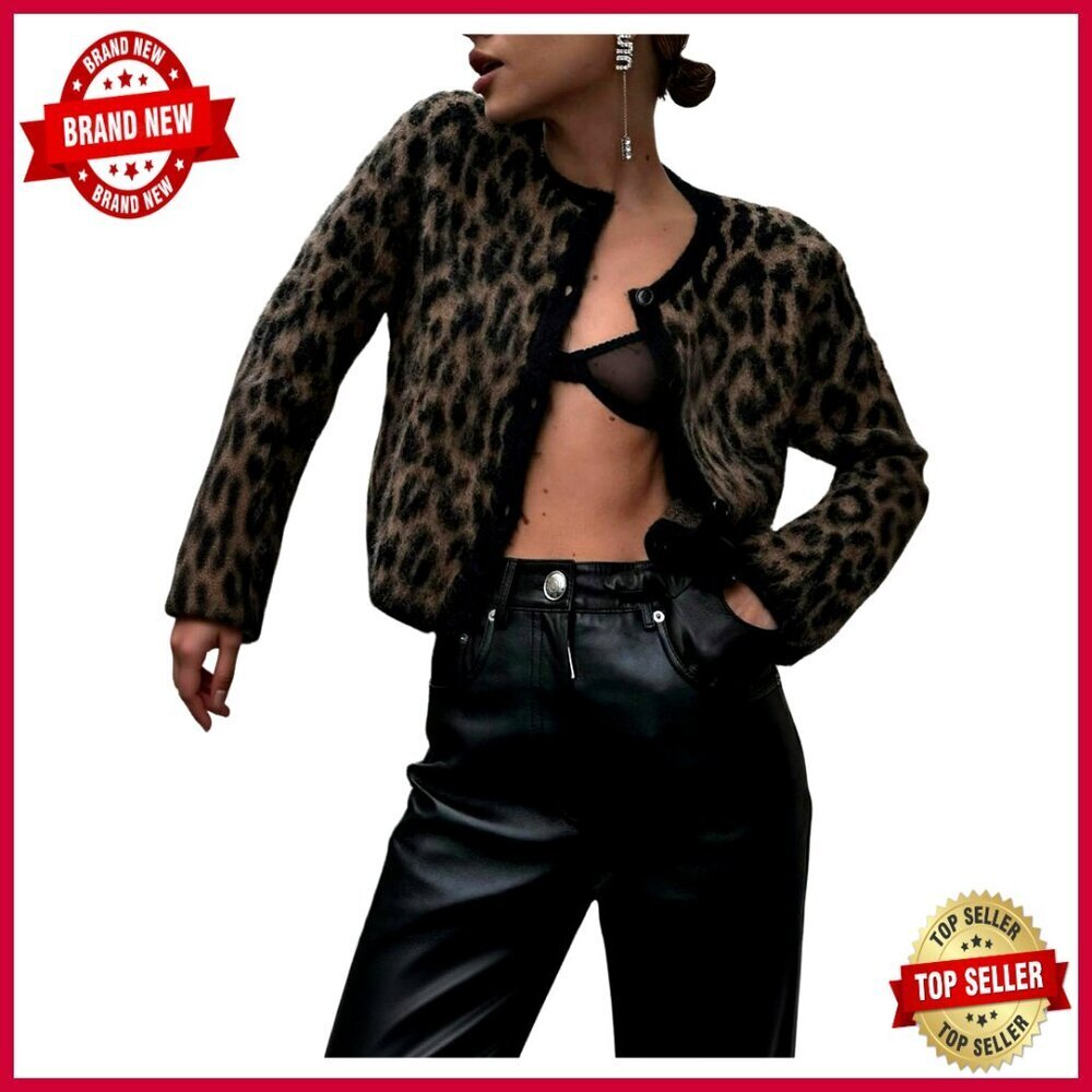 Cropped Cardigan Sweater, Cheetah Print, Button Front, Crew Neck